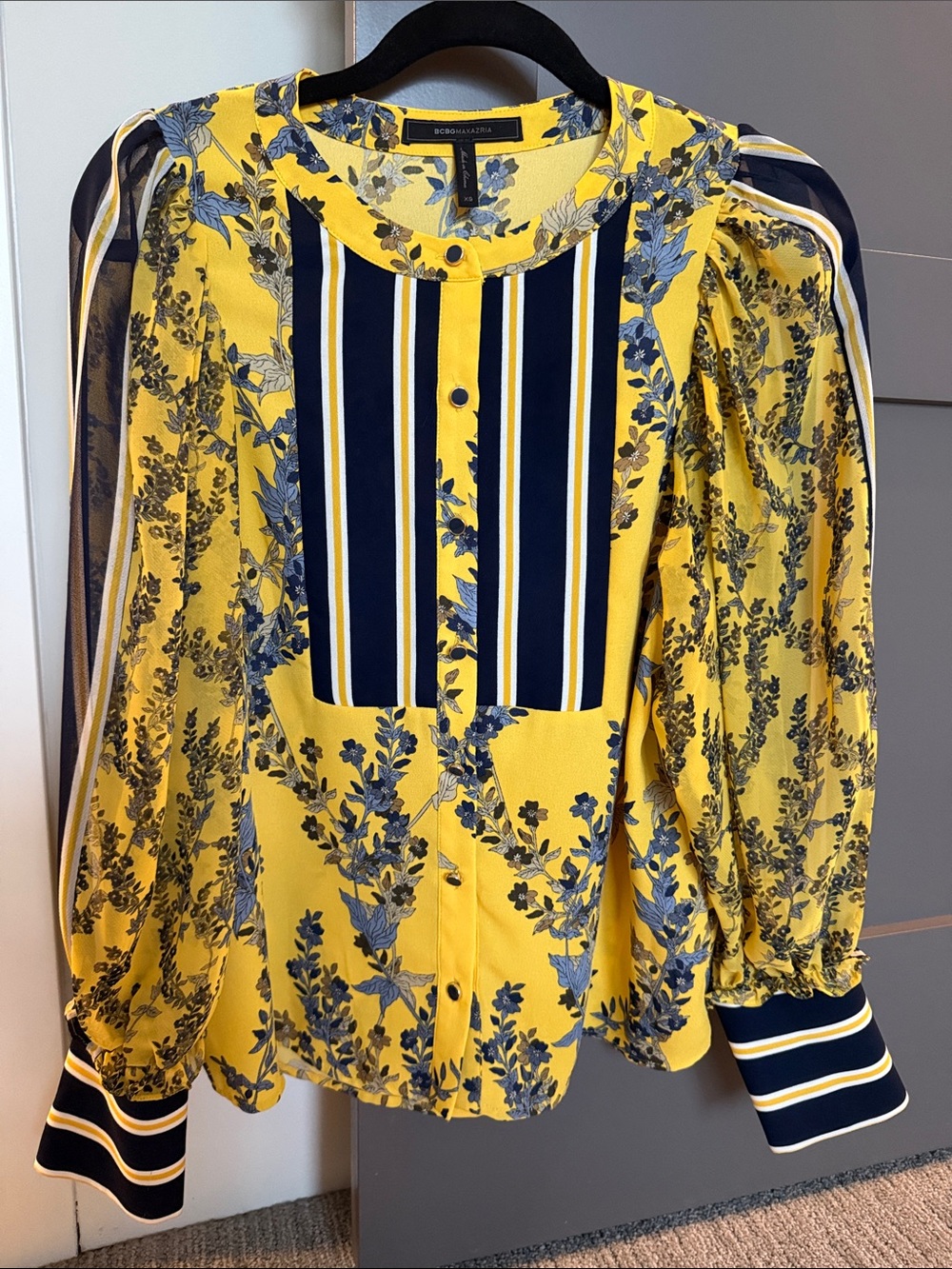 BCBGMaxAzria Yellow and Navy Floral Stripe Button-Down Blouse